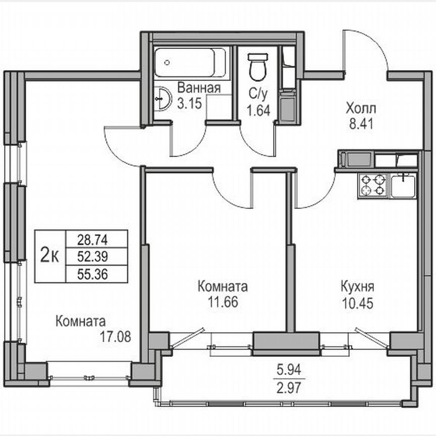 2-к. квартира, 55,4 м², 8/23 эт.