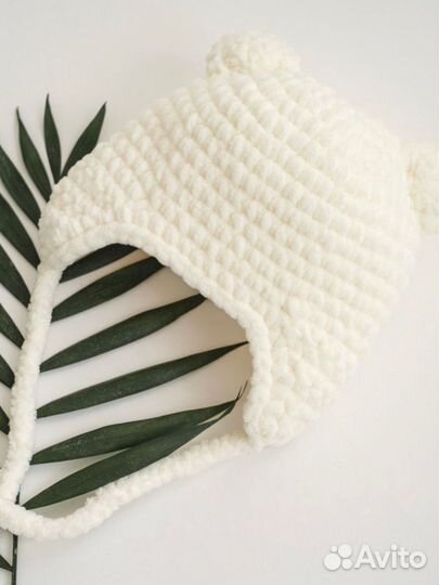 Плюшевая Шапка детская на завязках с ушками