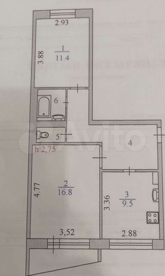 2-к. квартира, 52,4 м², 1/5 эт.
