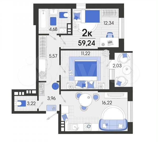 2-к. квартира, 59,2 м², 4/7 эт.
