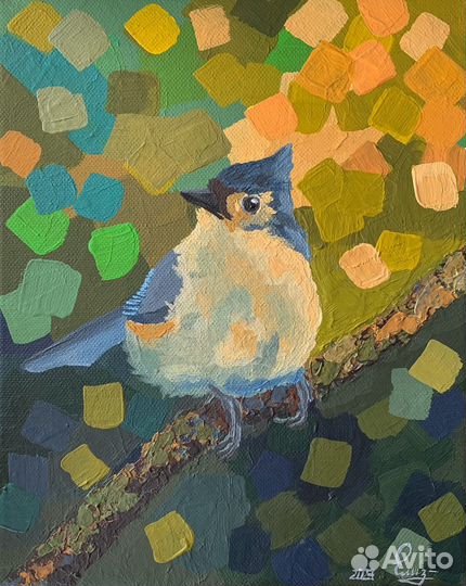 Картина на холсте с птицей, акрил, Хохлатая синица