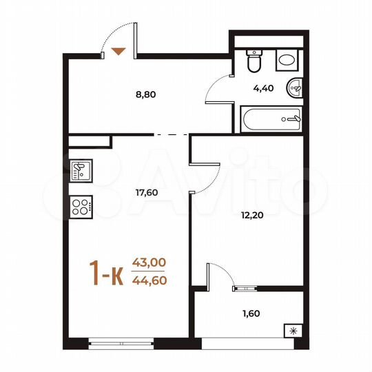 1-к. квартира, 44,6 м², 6/8 эт.