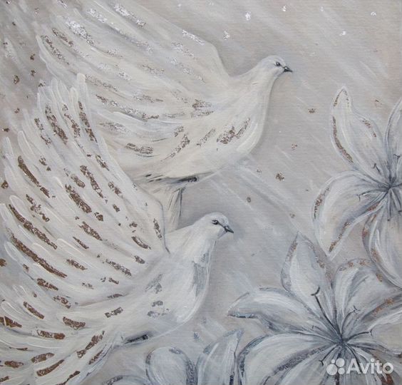 Картина маслом на холсте голуби, серебряная поталь