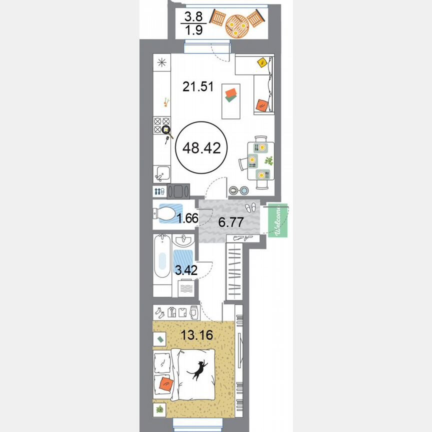 1-к. квартира, 48,4 м², 4/12 эт.