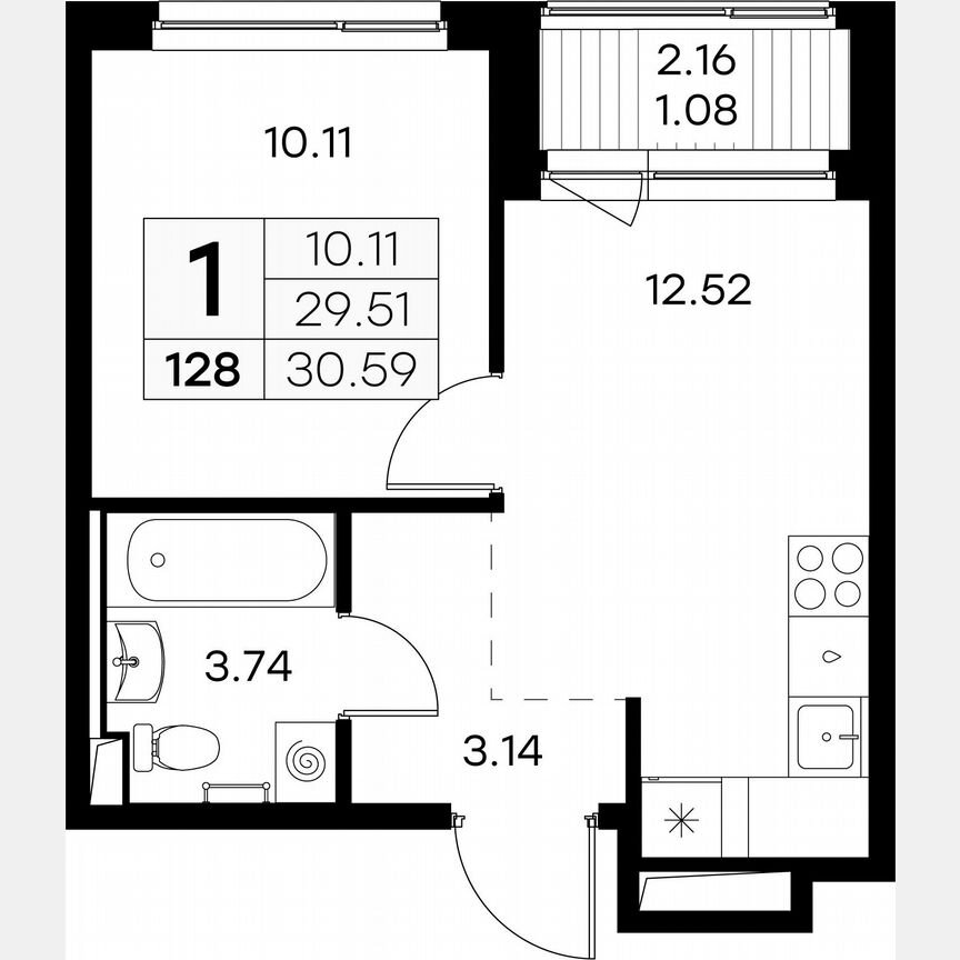 1-к. квартира, 30,6 м², 9/9 эт.
