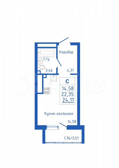 Квартира-студия, 24,1 м², 2/25 эт.