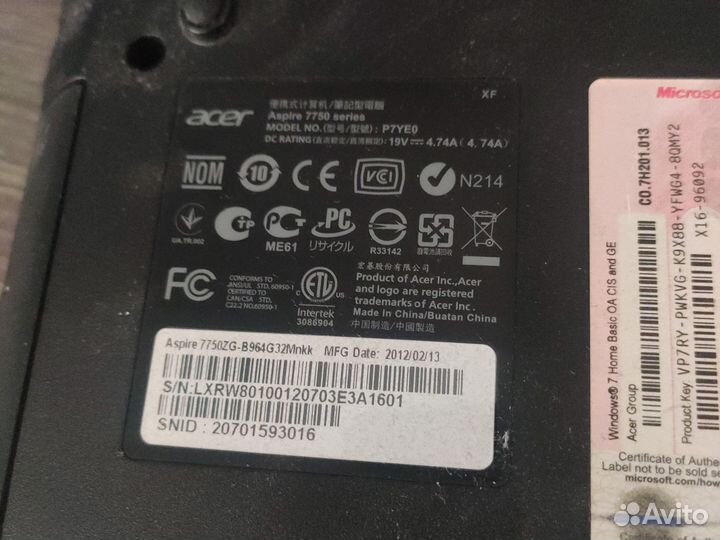Ноутбук acer aspire 7750 zg