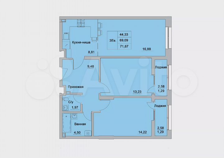 3-к. квартира, 71,7 м², 2/25 эт.
