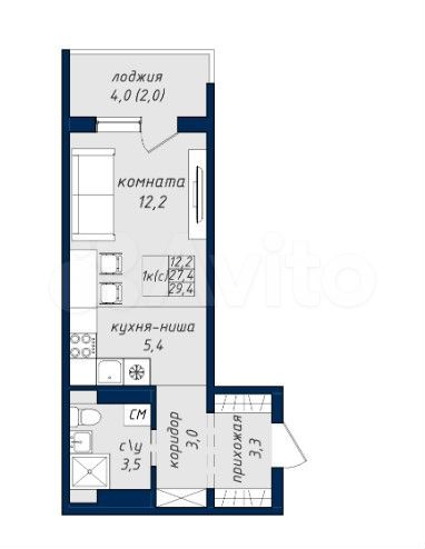 1-к. квартира, 29,1 м², 13/19 эт.