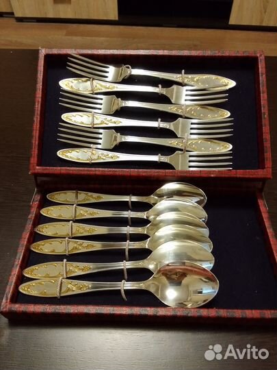 Набор столовых приборов мельхиор с позолотой)