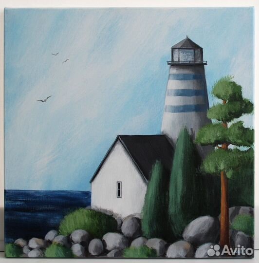 Картина с маяком и домом,40х40,акрил, холст