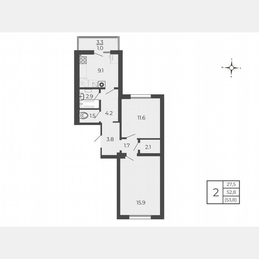 2-к. квартира, 53,8 м², 4/5 эт.