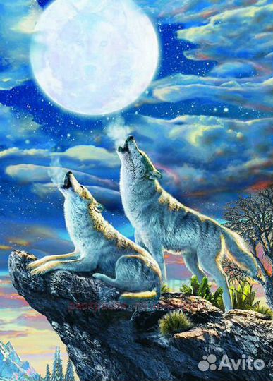 Алмазная мозаика 30x40 Волчий вой в полнолуние
