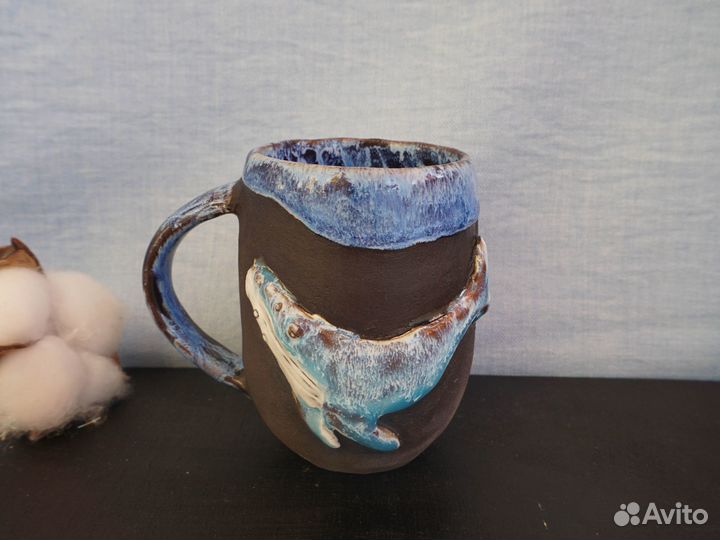 Кружка керамическая мини Кит и море ручной работы