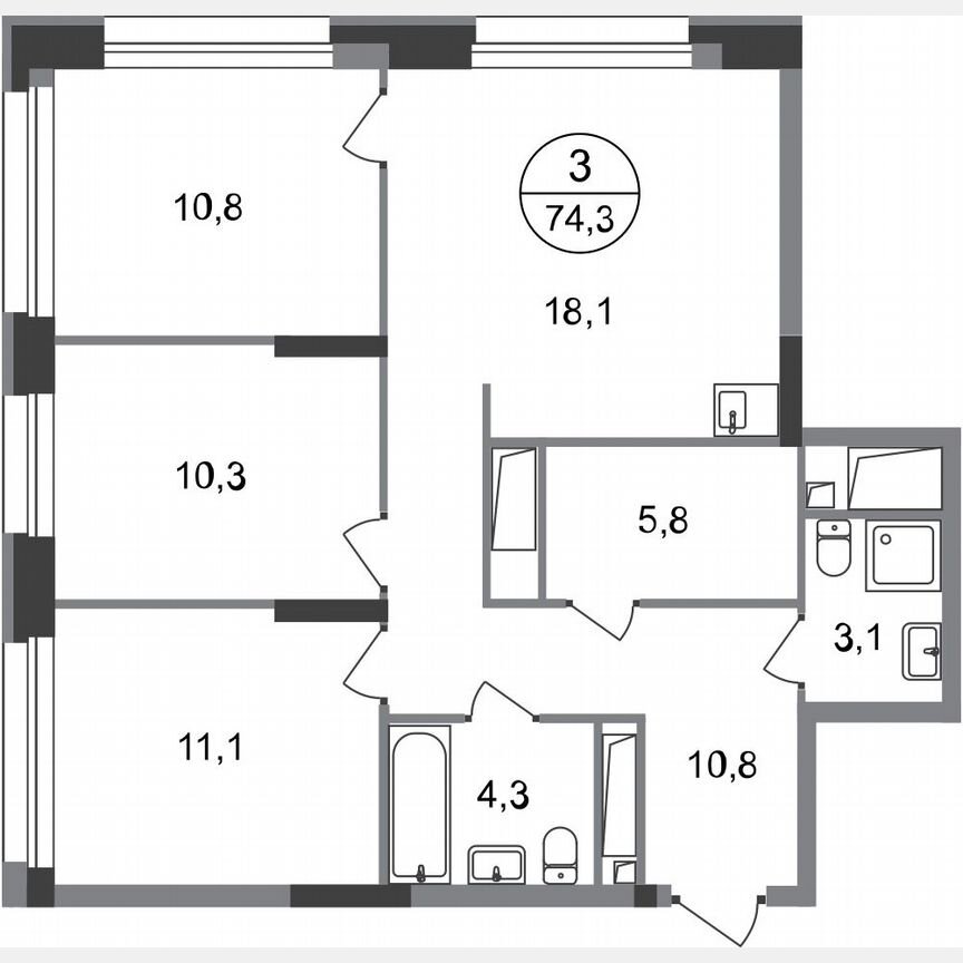 3-к. квартира, 74,3 м², 14/20 эт.