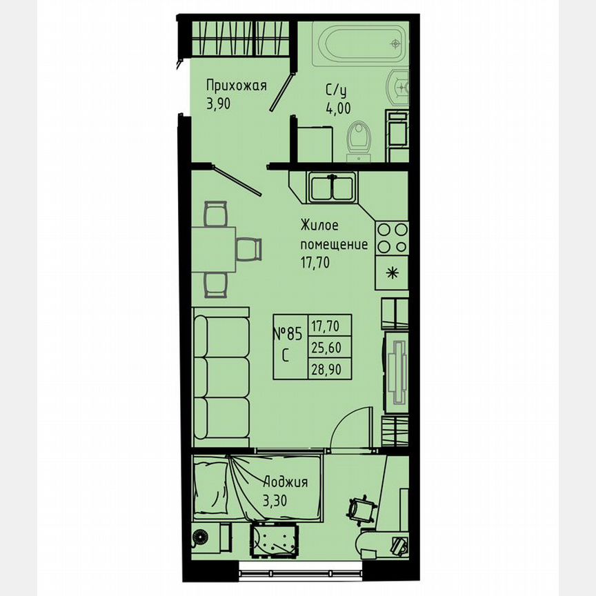 Квартира-студия, 28,9 м², 3/8 эт.