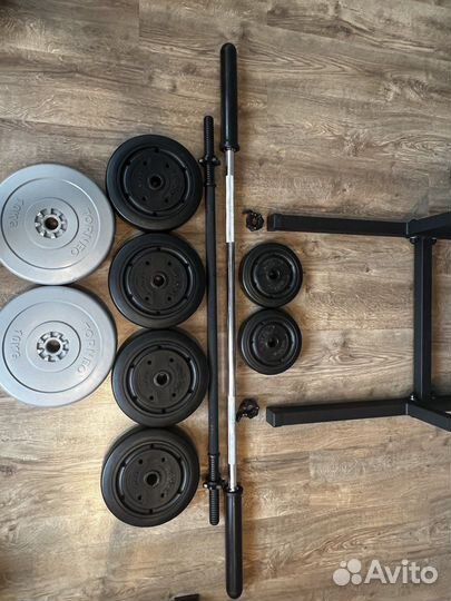 Турник 3 в 1 + скамья, диски, гриф