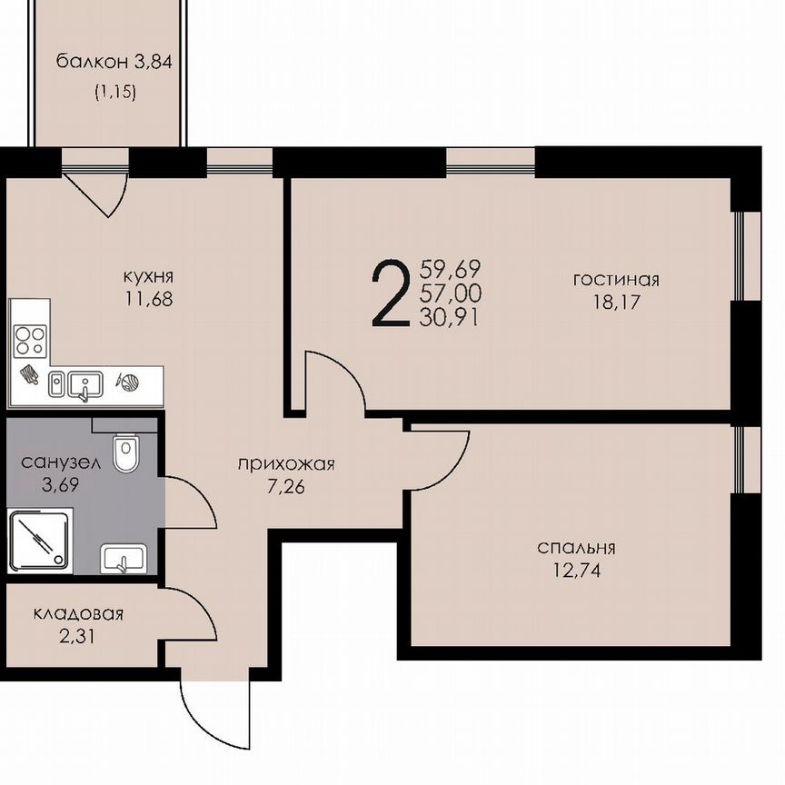 2-к. апартаменты, 56,7 м², 3/6 эт.