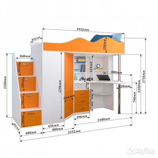 Кровать чердак Пионер 1 - 190х80 спальное место
