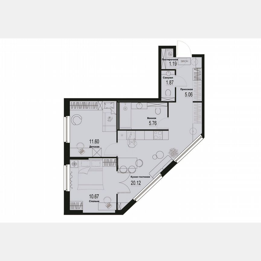 2-к. квартира, 56,3 м², 2/12 эт.