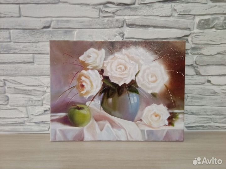 Букет цветов белые розы в вазе картина 30 х 40 см