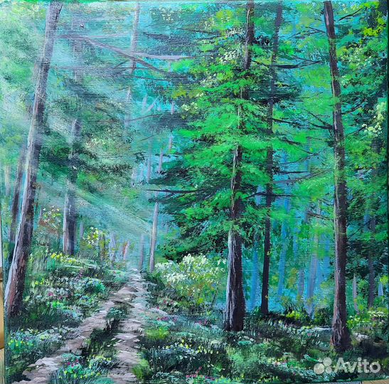 Картина с лесом, рассвет в лесу