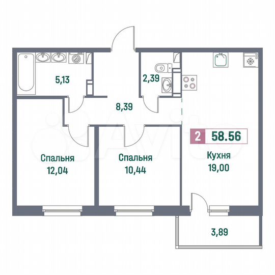 2-к. квартира, 58,6 м², 15/16 эт.