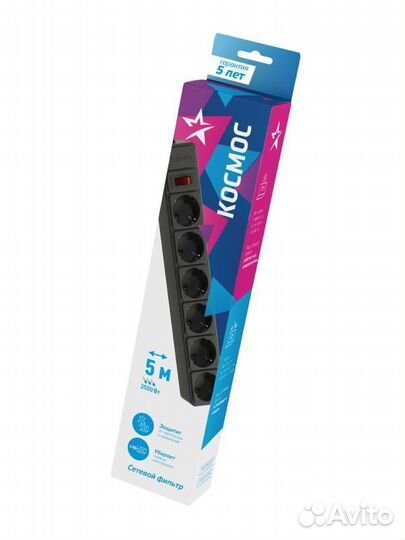 Удлинитель с сетевым фильтром 6х5м с заземл. 16А IP20 3.5кВт 3х1 с предохранителем с выкл. с индикат