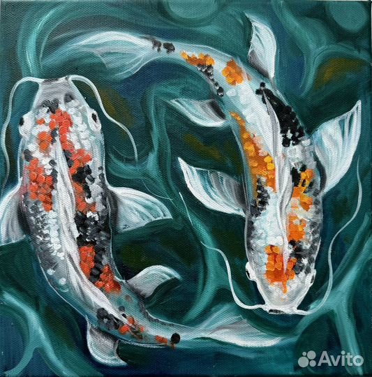 Картина маслом на холсте Карпы Кои