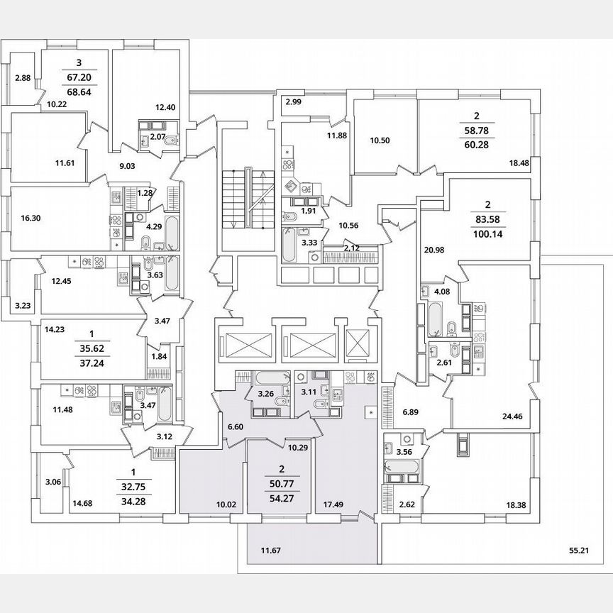 2-к. квартира, 54,3 м², 16/22 эт.