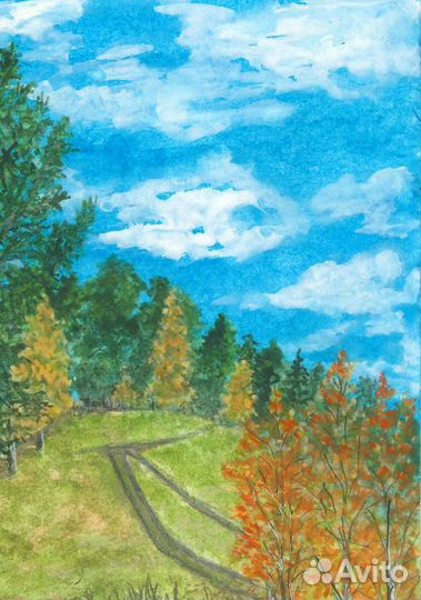 Авторская картина А4 Осень в лесу акварель