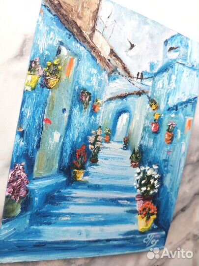 Картина маслом синий город