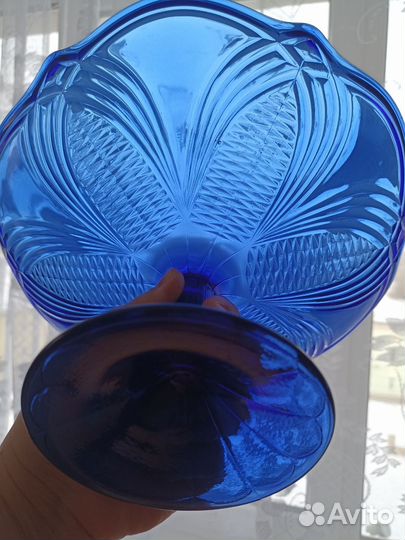 Сахарница синее стекло СССР и сахарница гжель