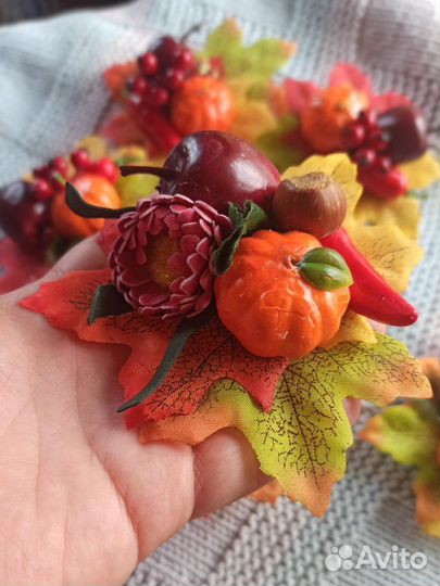 Ободок ручной работы и брошь осенняя с листьями