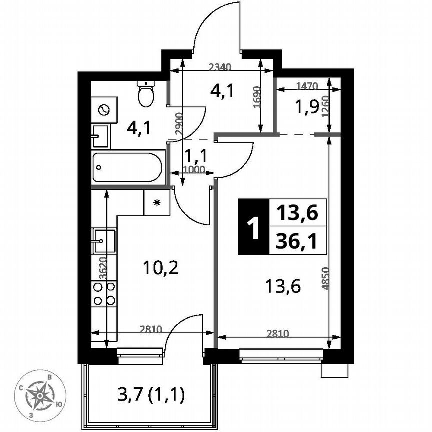 1-к. квартира, 36,1 м², 2/25 эт.