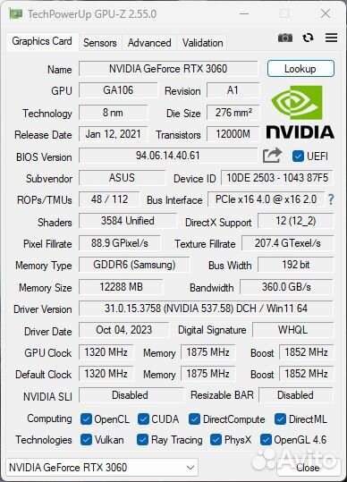 Видеокарта Asus GeForce RTX 3060 tufgaming OC 12GB