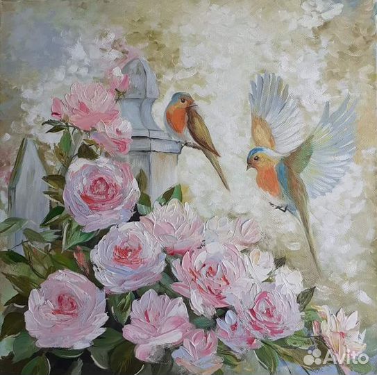 Картина маслом на холсте «Розы с птичками»