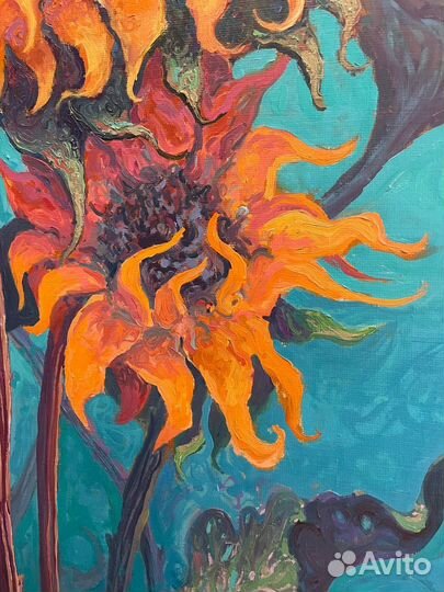 Картина маслом ручная работа Подсолнухи 100*120