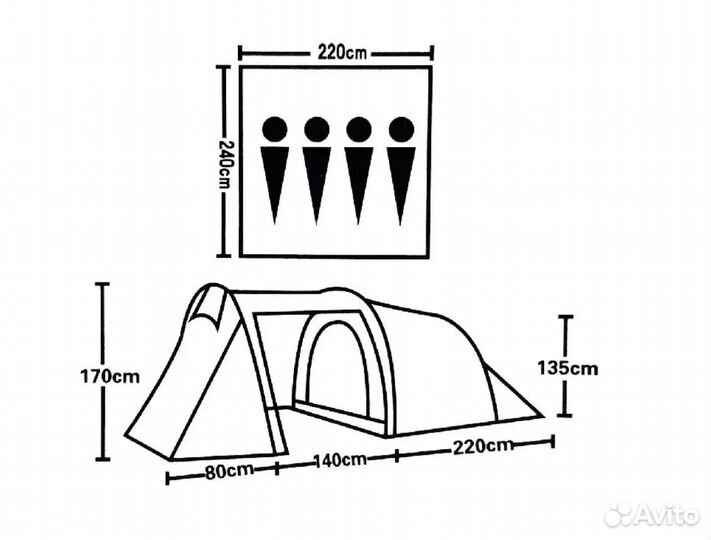 Палатка четырехместная с большим коридором