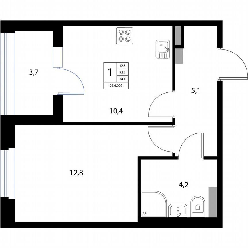 1-к. квартира, 34,4 м², 2/3 эт.