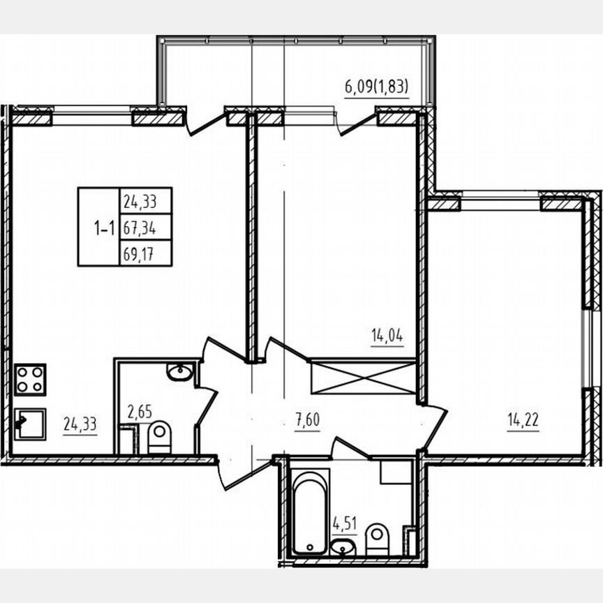 2-к. квартира, 67,3 м², 1/4 эт.