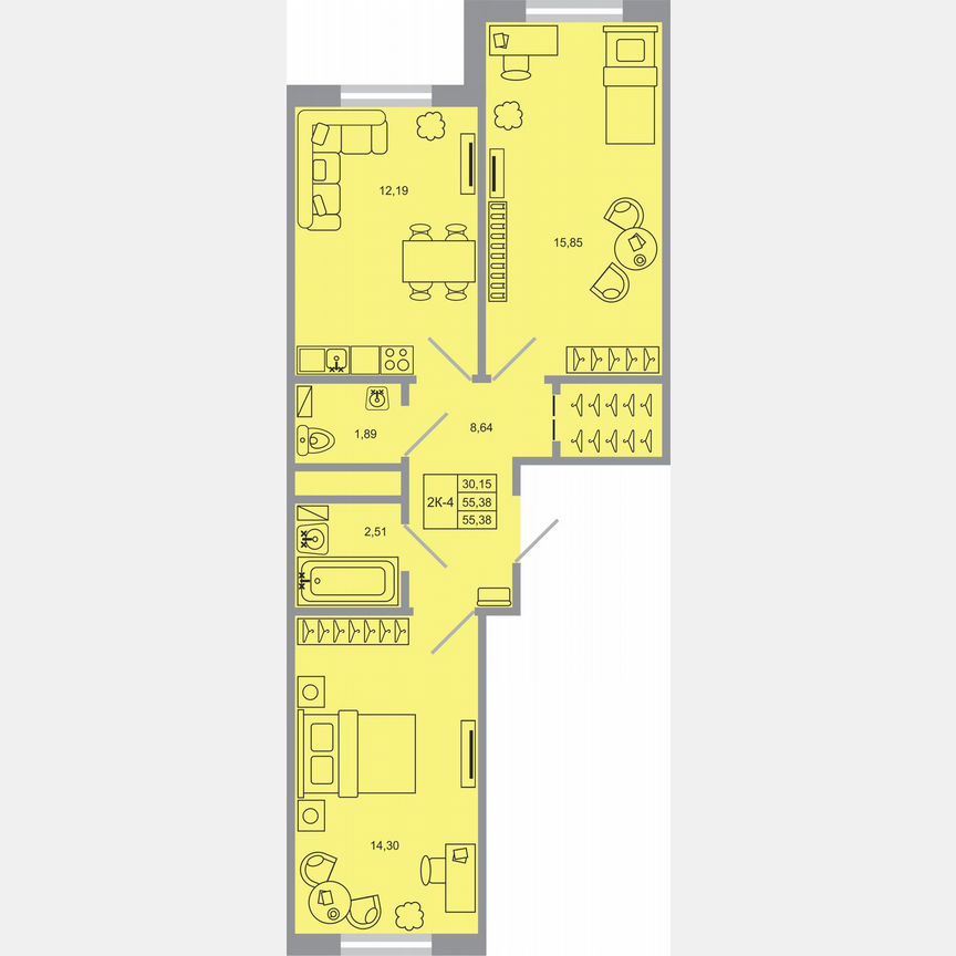 2-к. квартира, 55,4 м², 2/17 эт.