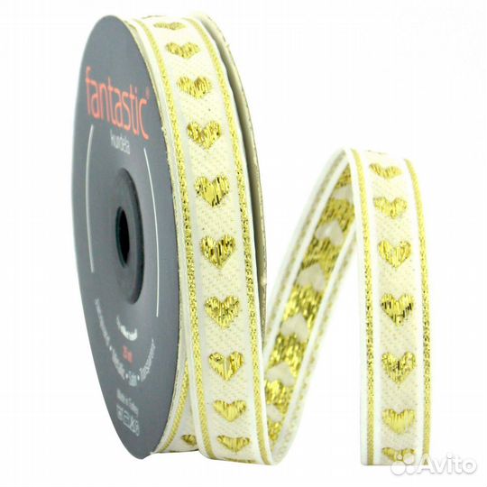 Белый/золото 15005 Тесьма металлизированная 'Сердечки' 15мм*25м (белый/золото), 25 м