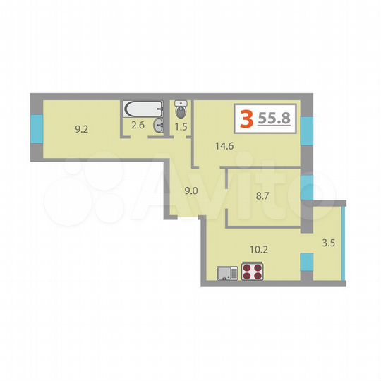 3-к. квартира, 57,2 м², 3/10 эт.