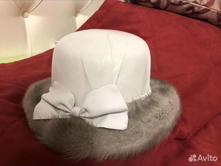 Шляпа зимняя из натуральной белой кожи и норки