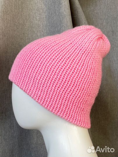 Шапка бини двойная вязаная розовая. Ручная работа