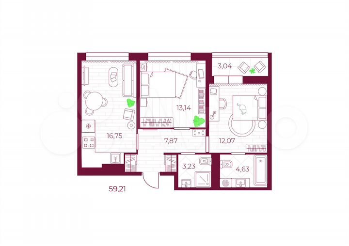 2-к. квартира, 59,2 м², 7/10 эт.