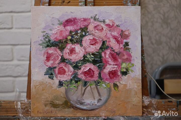 Картина маслом Цветы Розы 30X30 холст на двп
