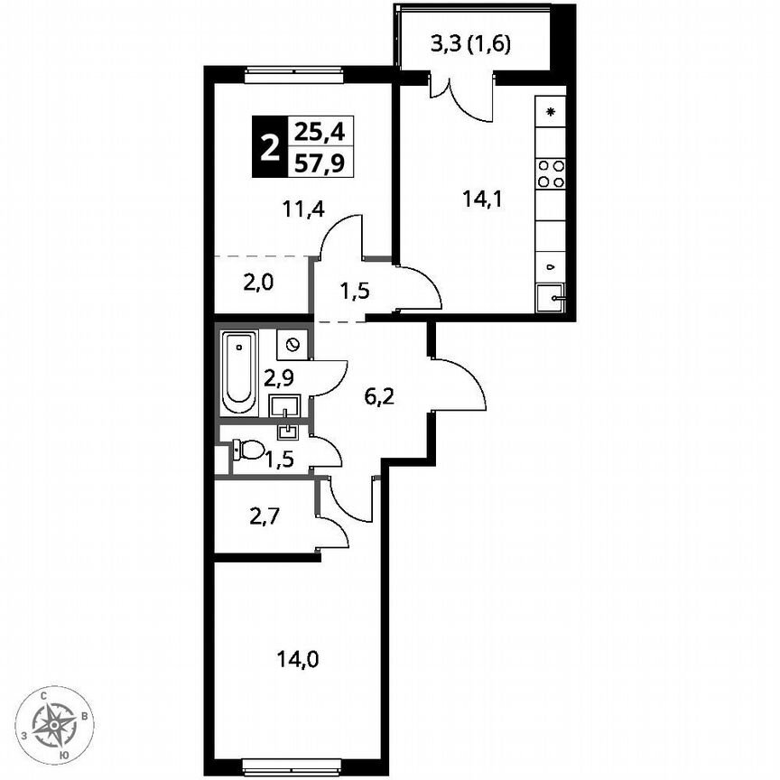 2-к. квартира, 57,9 м², 2/8 эт.