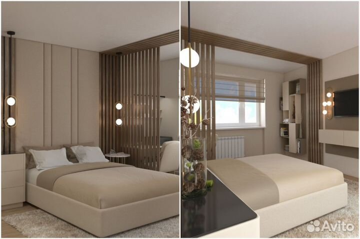 Перегородка для зонирования у кровати и дивана